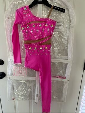 Hot Pink Rhinestone One-Shoulder Dance Leotard from The Line Up. Youth size 8
